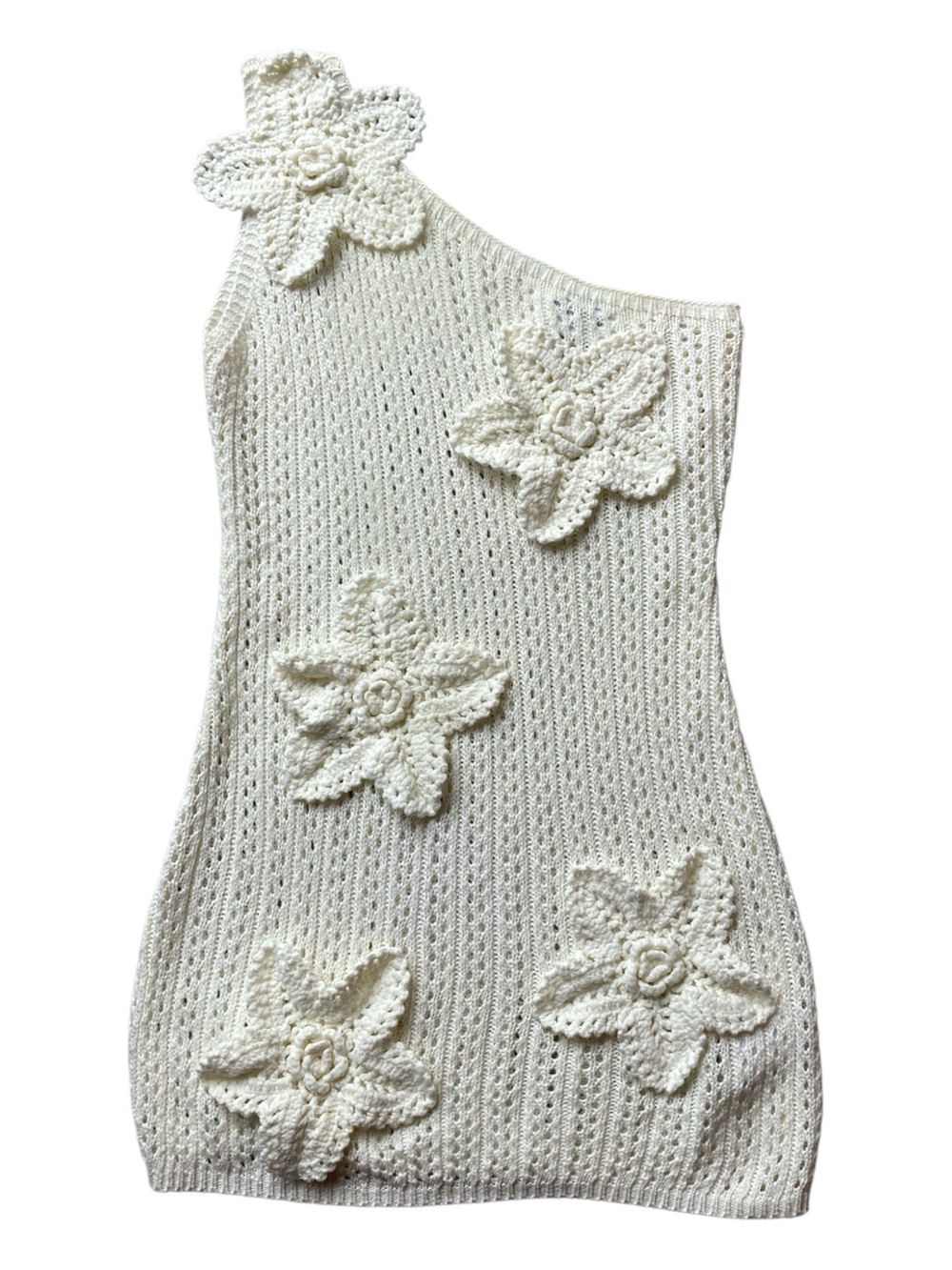 PeppermayoS/XS 3D Botanical Appliqué Elevated Artisanal Crochet 1 shoulder Dress